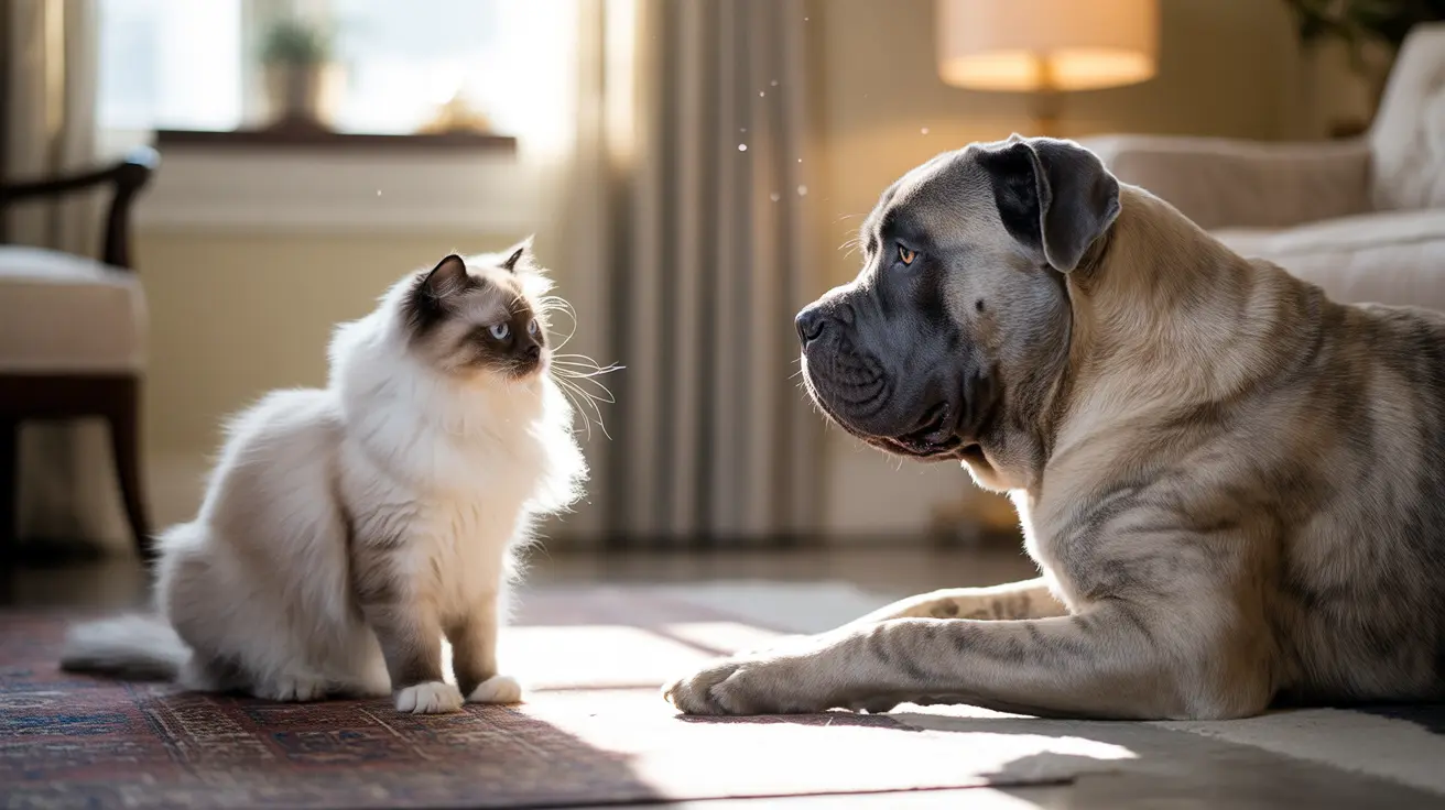 A fluffy white Ragdoll cat and a large Mastiff dog sitting face-to-face in a bright, sunlit living room