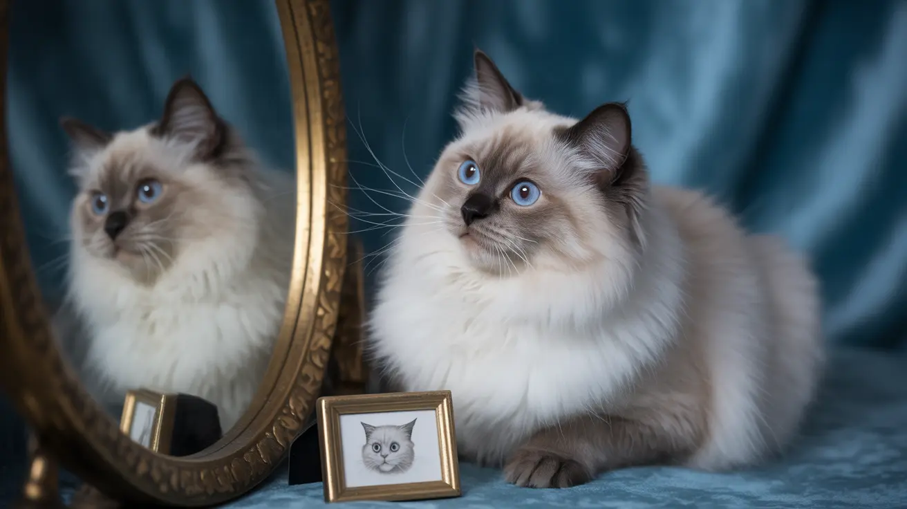 A Ragdoll cat sitting beside a mirror showing its reflection with a small framed cat portrait nearby