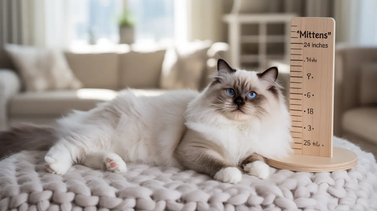 A fluffy white and cream Ragdoll cat next to a height measurement board marked 'Mittens'