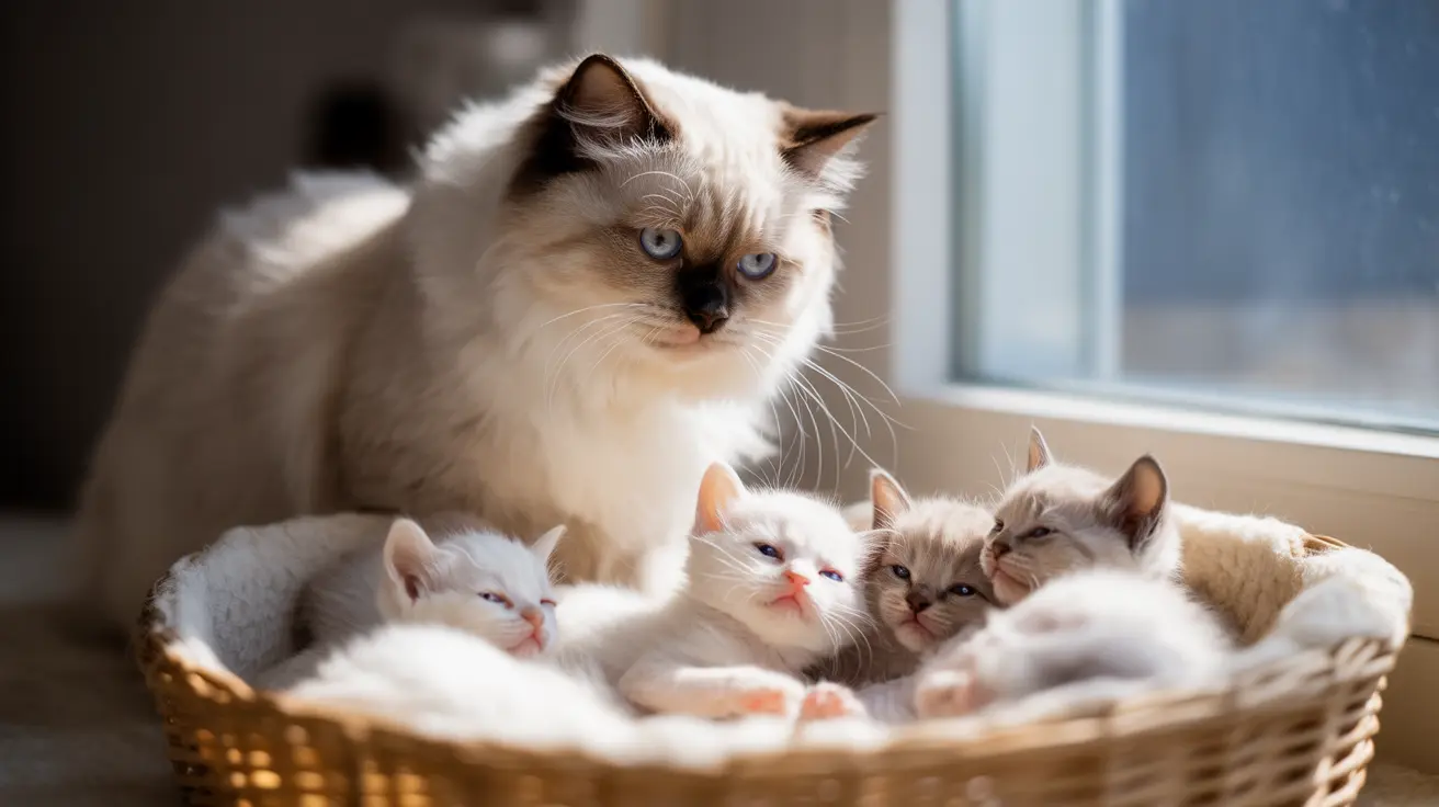 A Ragdoll cat mother watching over her four young kittens in a soft basket near a window