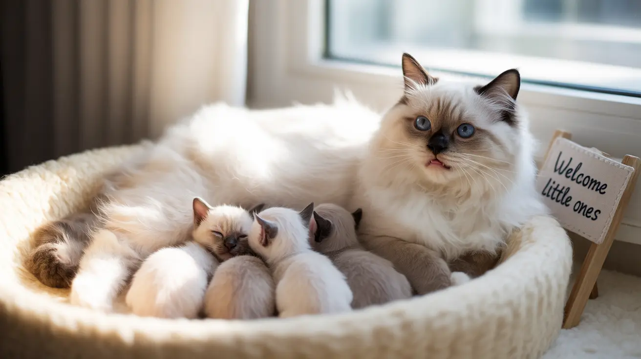 A Ragdoll cat mother with her litter of kittens nestled together in a soft white bed near a window
