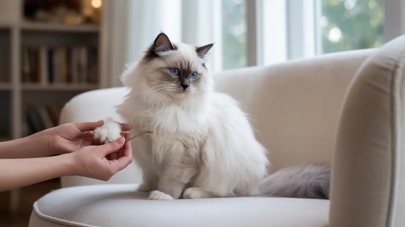 Un gato Ragdoll blanco y esponjoso con ojos azul intenso sentado en un sofá de color claro mientras alguien le recorta las uñas