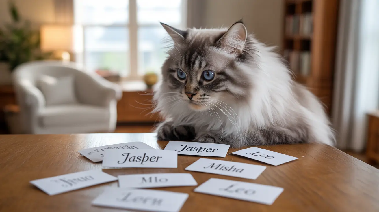 A fluffy Ragdoll cat sitting at a table with name cards spread out in front of it
