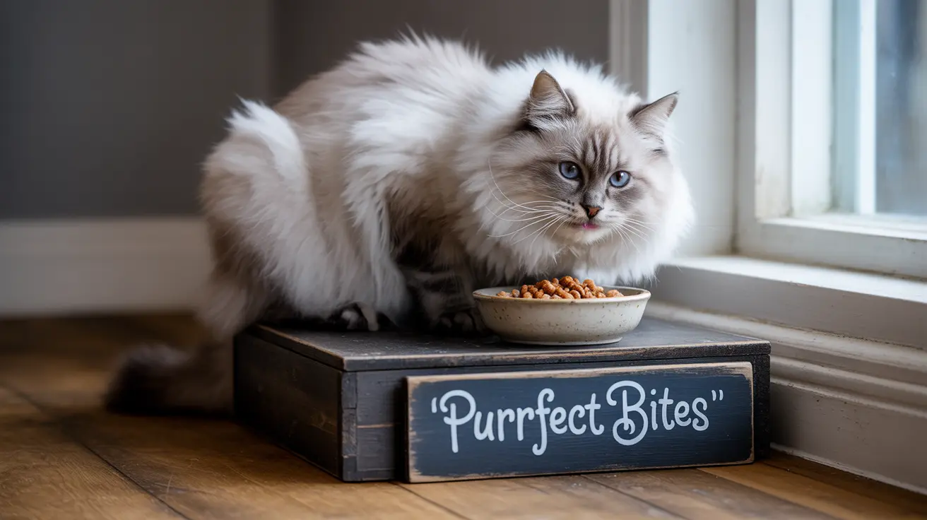 A fluffy white and gray Ragdoll cat sitting near a window next to a bowl of cat food