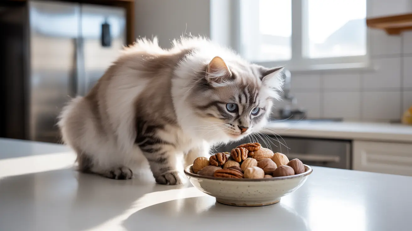 A fluffy white and gray Ragdoll cat sitting next to a bowl of mixed nuts on a kitchen counter