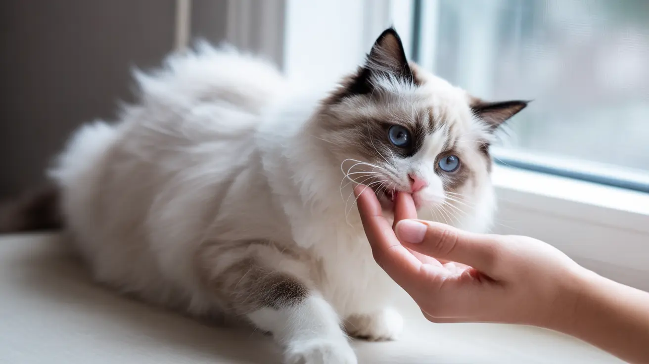 A fluffy white and gray Ragdoll cat being gently petted near a window
