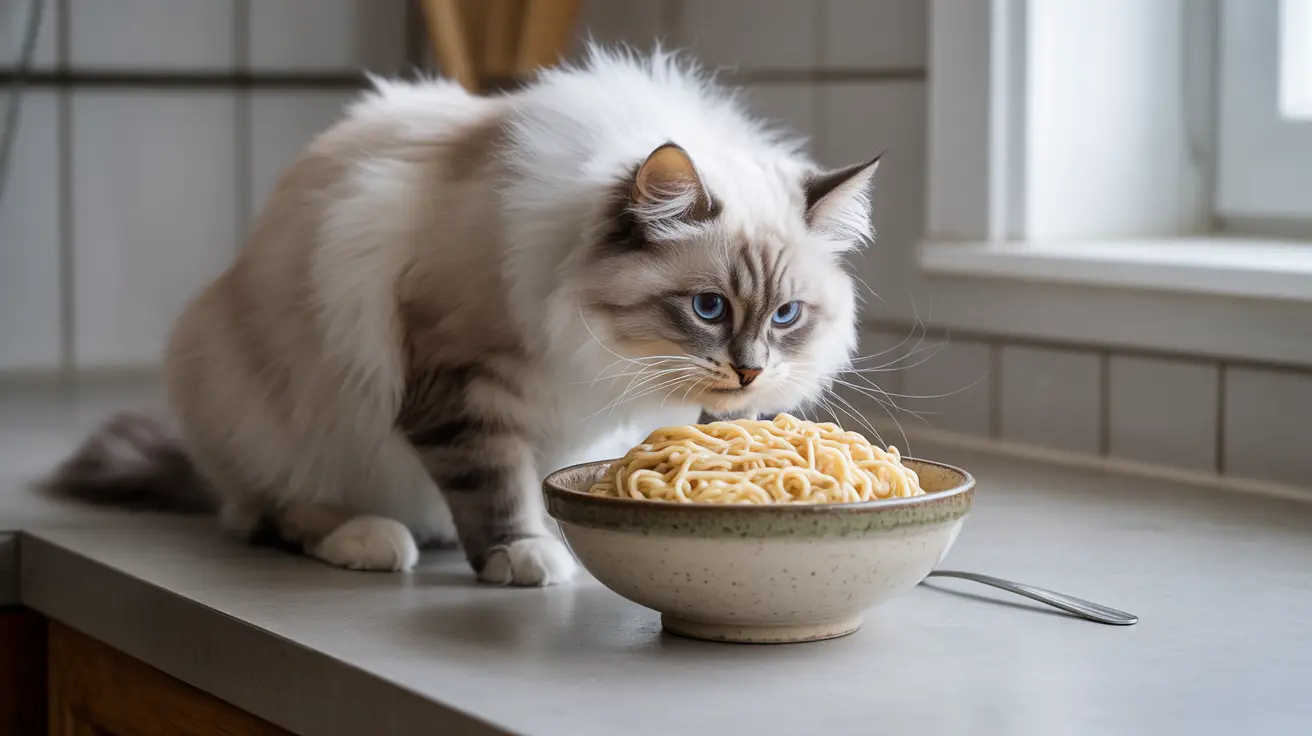 A fluffy Ragdoll cat sitting next to a large bowl of noodles on a kitchen counter