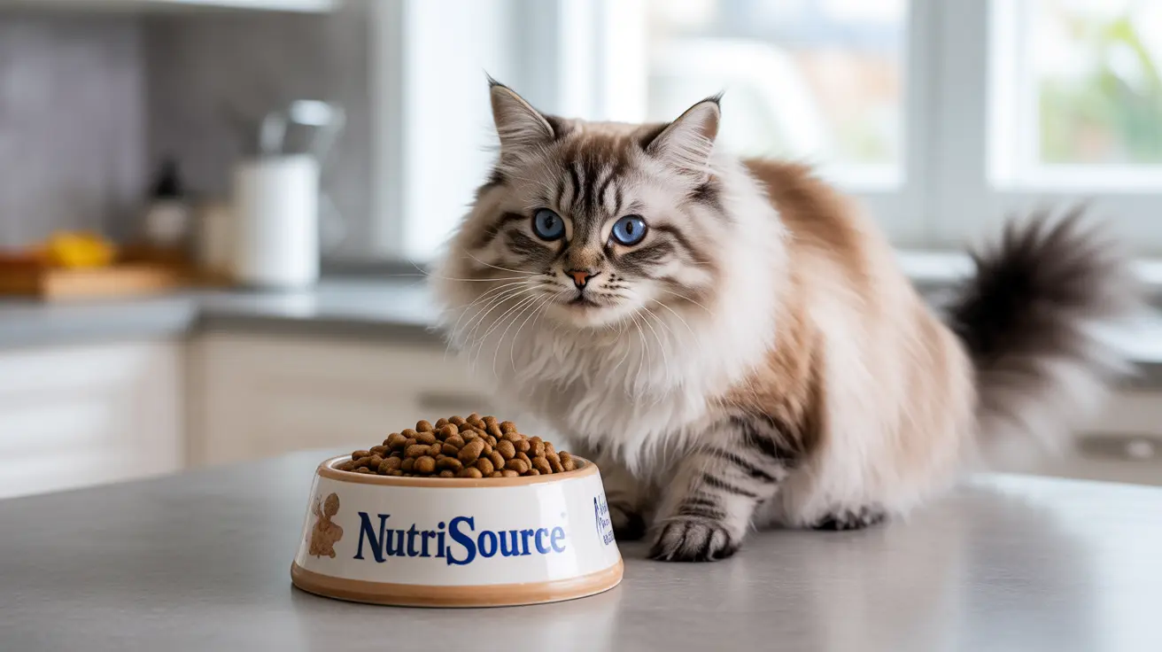 A beautiful blue-eyed Ragdoll cat sitting next to a bowl of NutriSource cat food in a bright kitchen setting