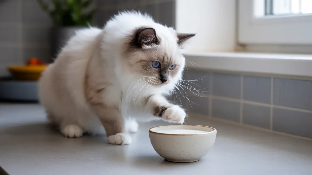 A fluffy white and light brown Ragdoll cat with striking blue eyes next to a ceramic bowl.