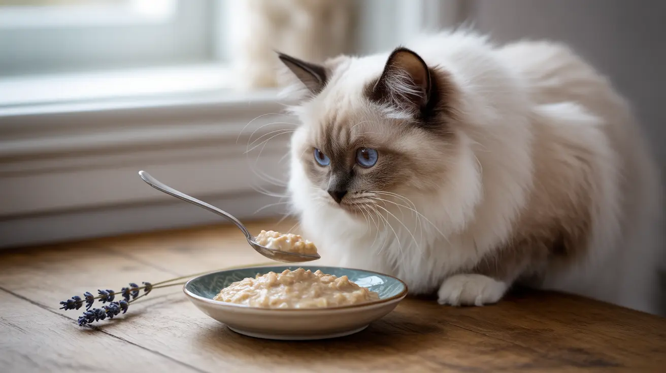 Un gato Ragdoll esponjoso blanco y marrón está sentado junto a un plato de comida con una cuchara, mirando atentamente el plato.