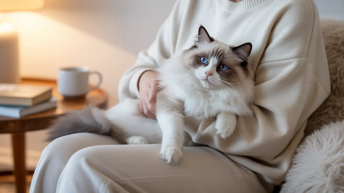 A beautiful Ragdoll cat resting comfortably on a person's lap in a cozy home setting.