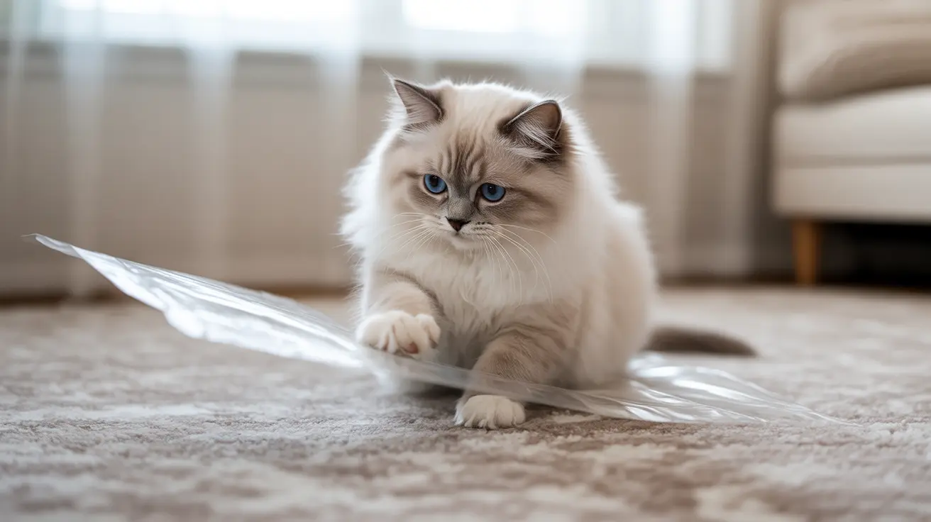 A fluffy white and cream Ragdoll cat sitting on a clear plastic sheet on a carpeted floor