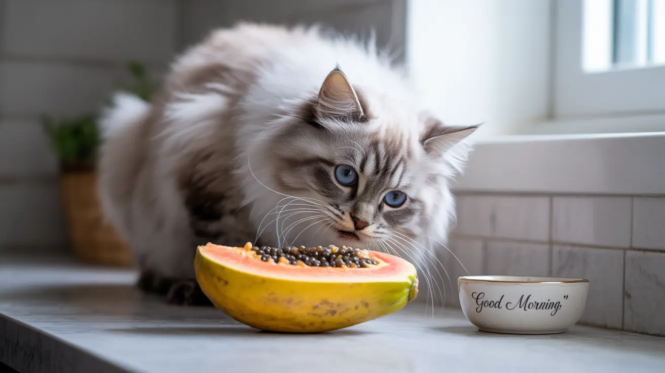 A fluffy white and gray Ragdoll cat curiously examining a halved papaya with seeds