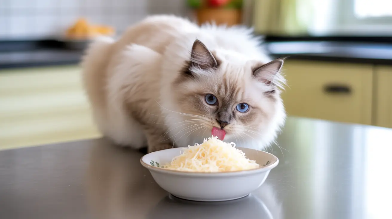 Un gato Ragdoll esponjoso lamiéndose los labios mientras está sentado al lado de un tazón de queso rallado