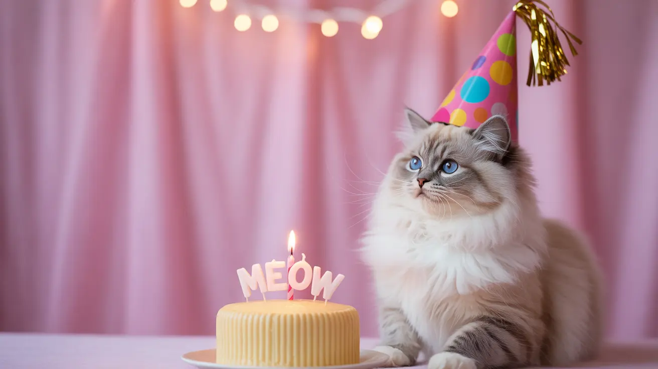 A fluffy white and gray Ragdoll cat wearing a colorful birthday party hat next to a cake with 'MEOW' candles