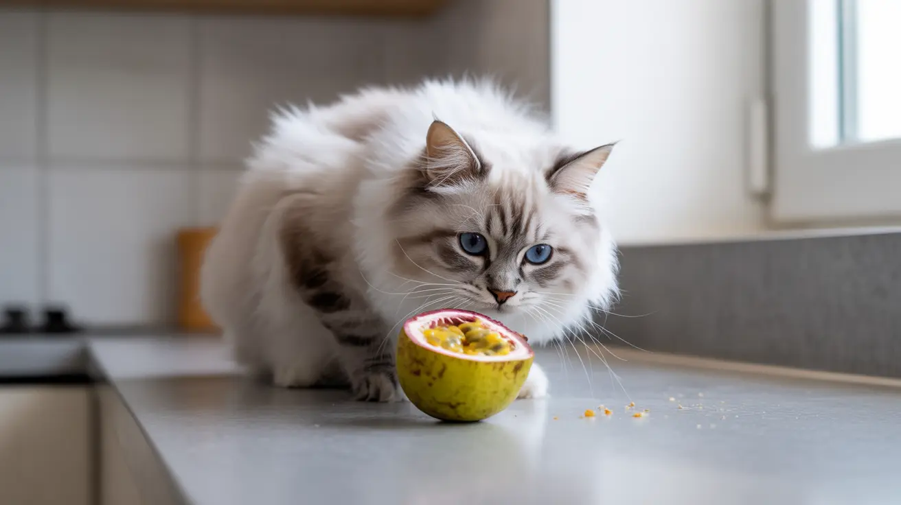 Un gato Ragdoll blanco y gris, esponjoso, está sentado junto a un maracuyá partido sobre una encimera de cocina.