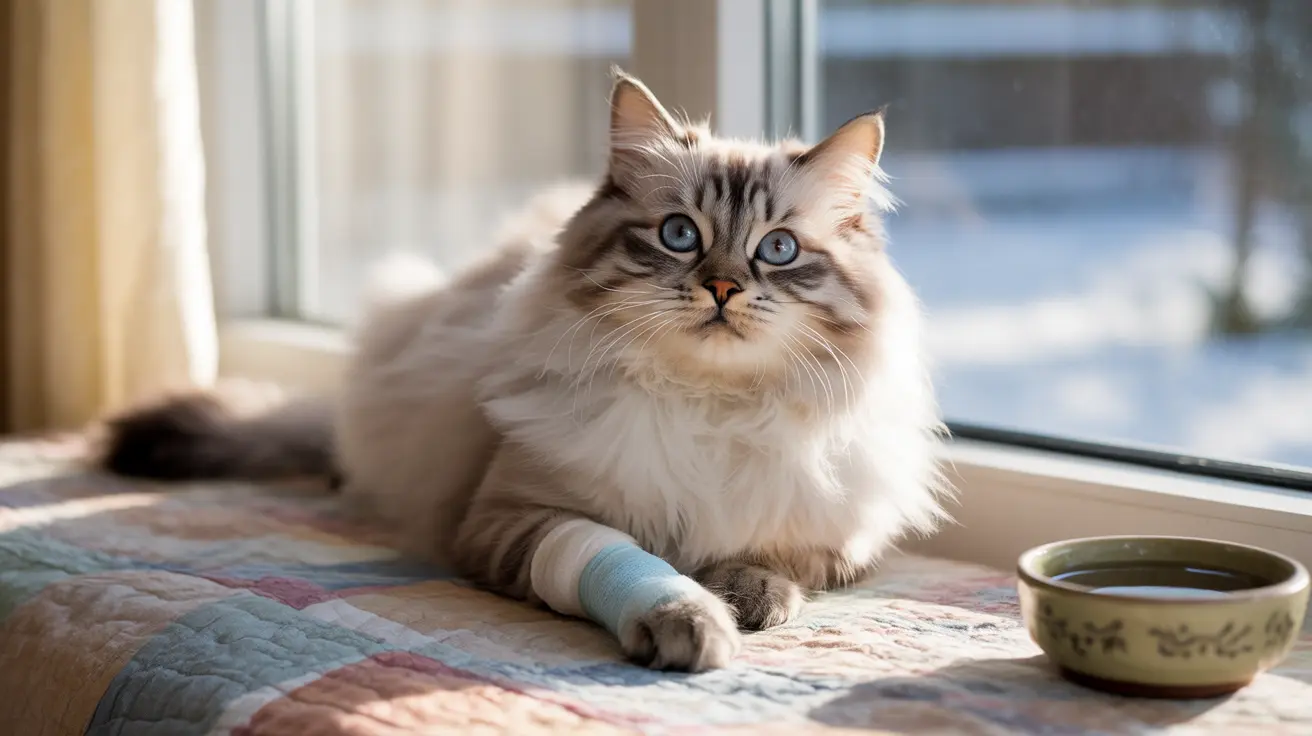 A fluffy Ragdoll cat with blue eyes sits near a window with a bandaged paw, looking regal and calm