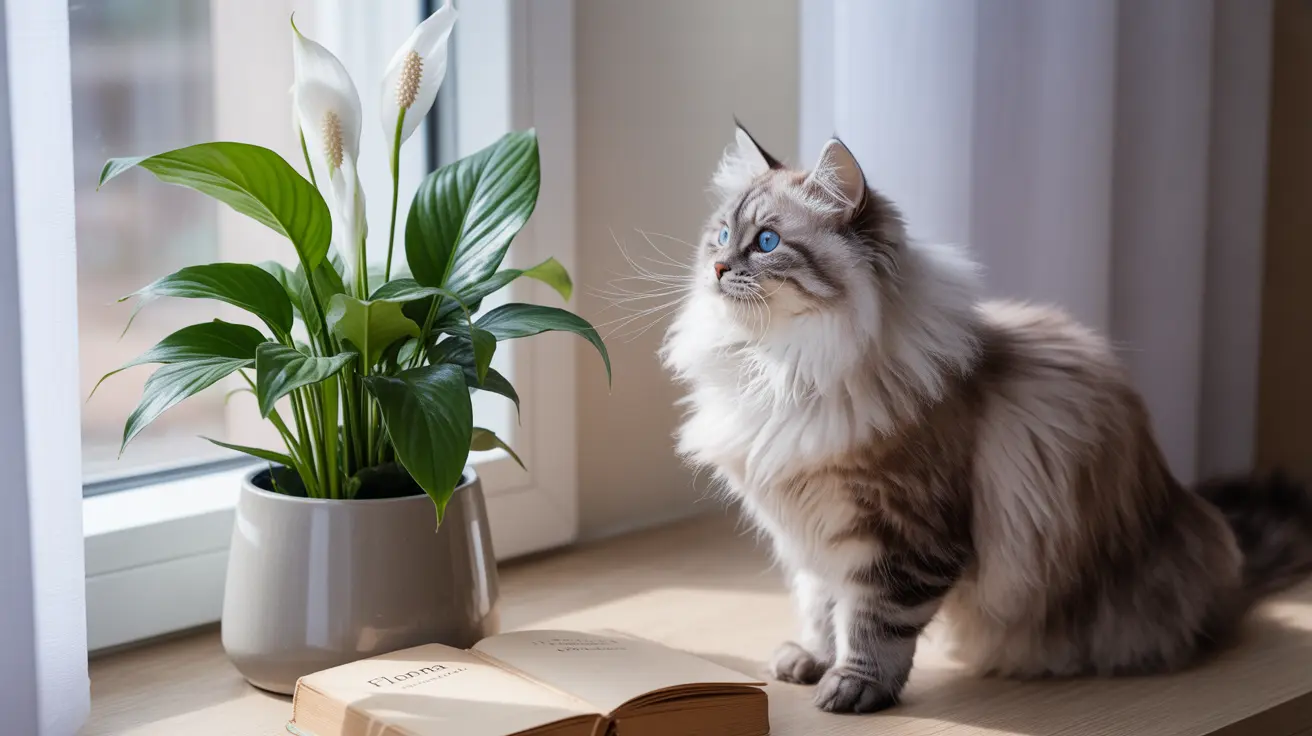 A fluffy white and gray Ragdoll cat sitting near a peace lily plant by a window