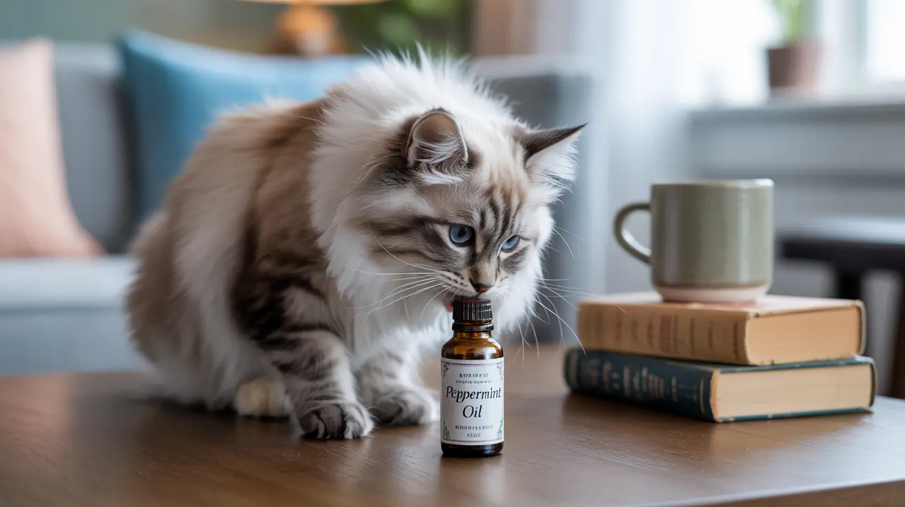A fluffy Ragdoll cat curiously examining a bottle of peppermint oil on a wooden table