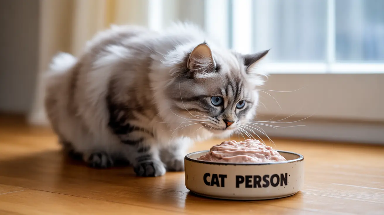 A fluffy white and grey Ragdoll cat sitting next to a food bowl labeled 'CAT PERSON'