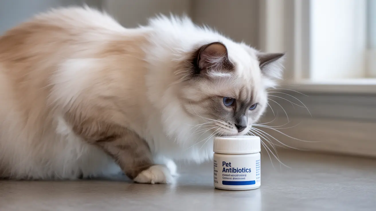 ふわふわしたラグドールの猫がペット用抗生物質のボトルのそばに座り、思慮深げに見つめている様子