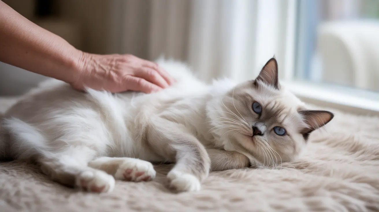 A serene Ragdoll cat lying on a soft surface with a hand gently petting its fur