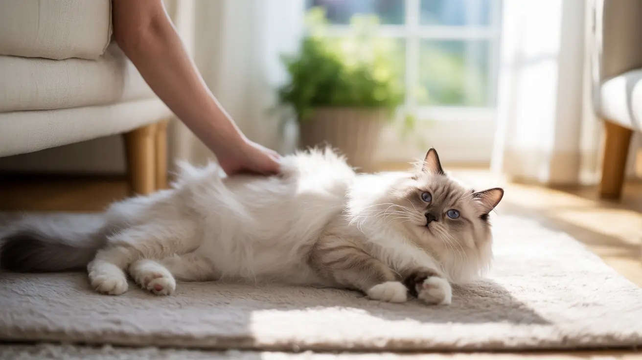 A fluffy white Ragdoll cat being gently petted while lounging on a beige carpet near a sunny window