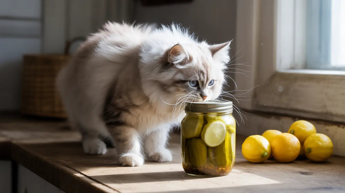 A fluffy white and gray Ragdoll cat sitting on a wooden surface near a jar of pickled lemons