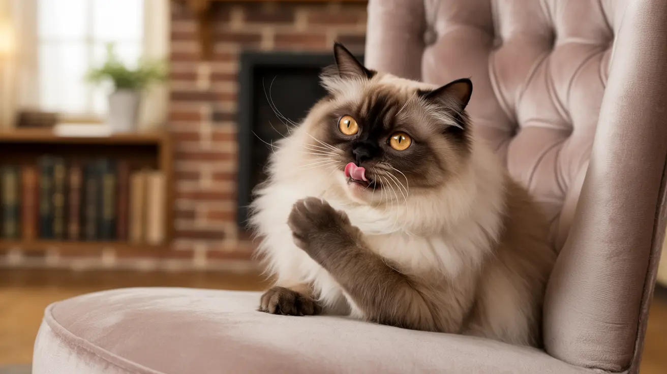 A fluffy Ragdoll cat sitting on a pink tufted chair, licking its lips