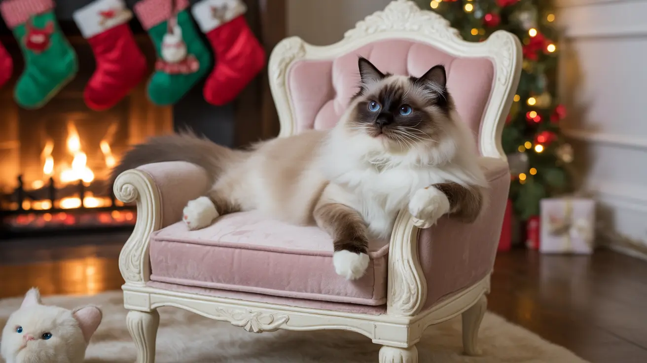 A Ragdoll cat sitting regally on a pink velvet chair in a festive Christmas setting