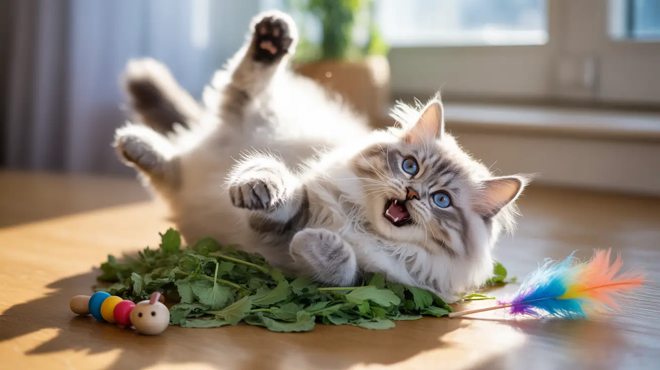 Playful Ragdoll cat lying on its back among green leaves surrounded by colorful toys
