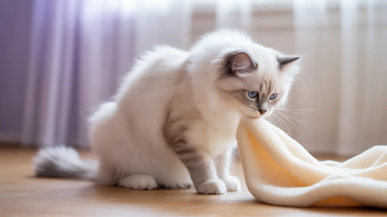 Fluffy Ragdoll cat with blue eyes examining a cream-colored blanket indoors on a wooden floor
