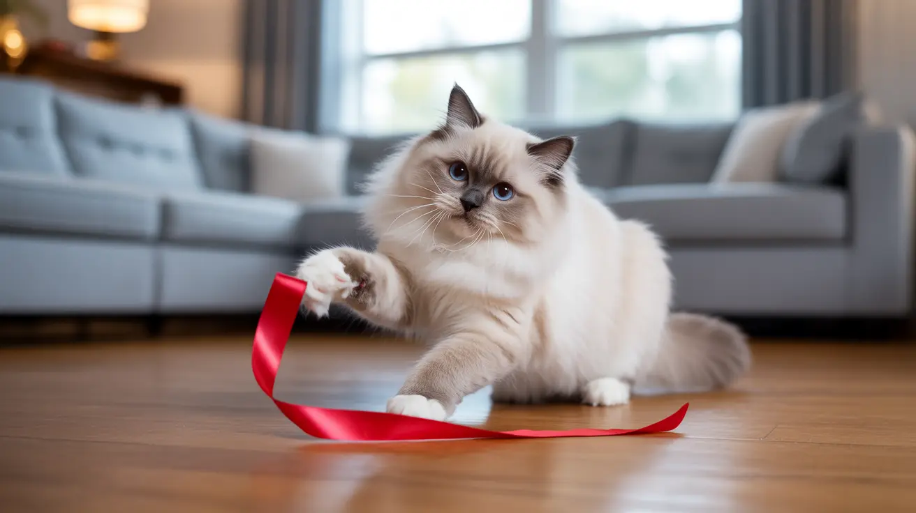 Fluffy white and cream Ragdoll cat playing with a bright red ribbon on a wooden floor in a modern living room