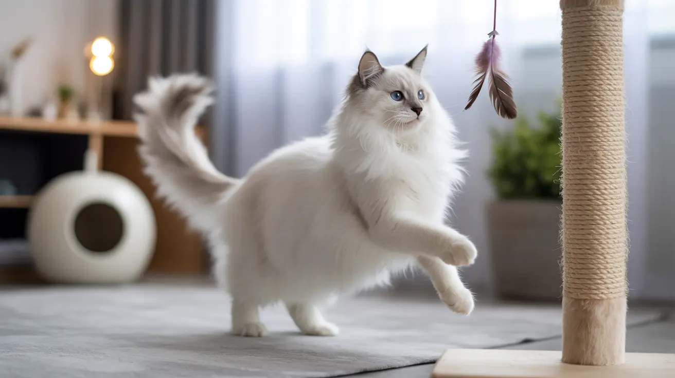 Un gato Ragdoll blanco y esponjoso juega con un juguete de plumas colgante cerca de un rascador.