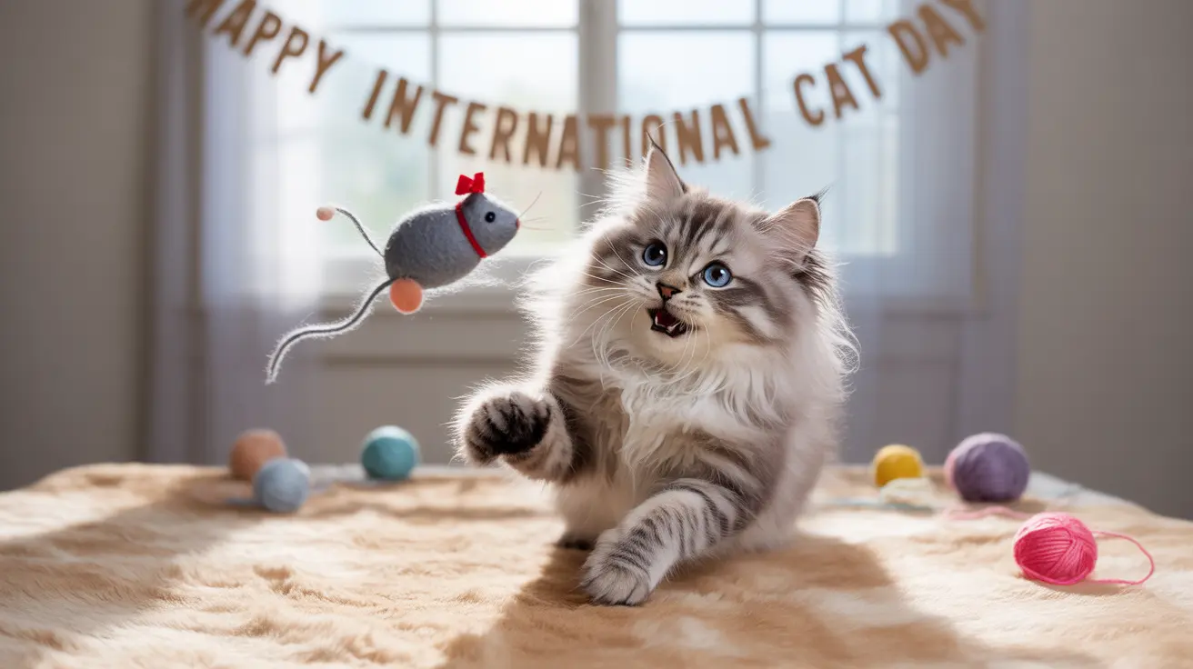 A playful Ragdoll cat interacting with a toy mouse under a Happy International Cat Day banner
