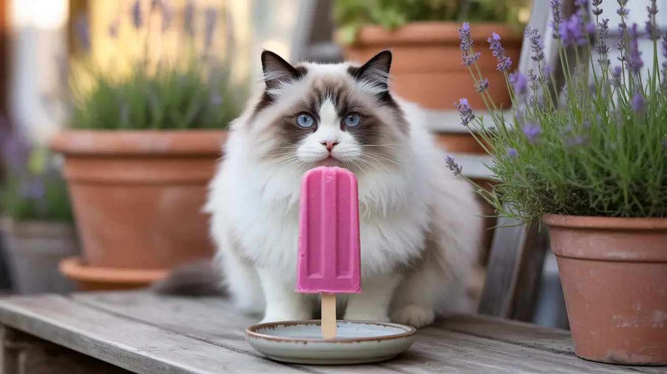 Fluffy Ragdoll cat with a pink popsicle on a plate next to lavender plants