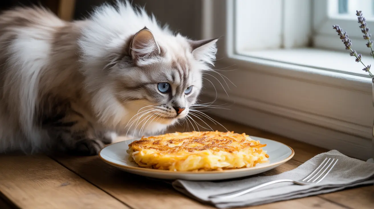 A fluffy Ragdoll cat curiously eyeing a golden-brown potato pancake on a plate near a window