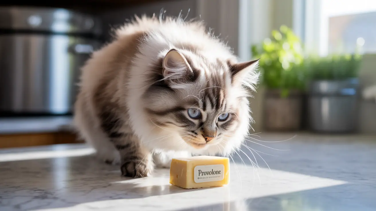 Un gato Ragdoll esponjoso sentado al lado de un bloque de queso Provolone sobre una encimera de cocina