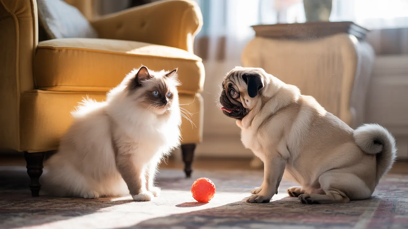 A Ragdoll cat and a Pug sitting near a red ball on a patterned rug, with a yellow armchair in the background.