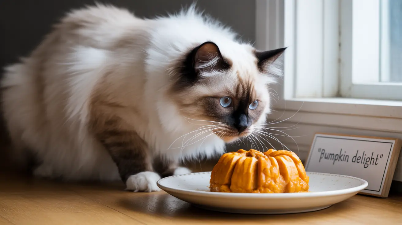 A fluffy Ragdoll cat sitting next to a pumpkin-shaped dessert labeled Pumpkin delight