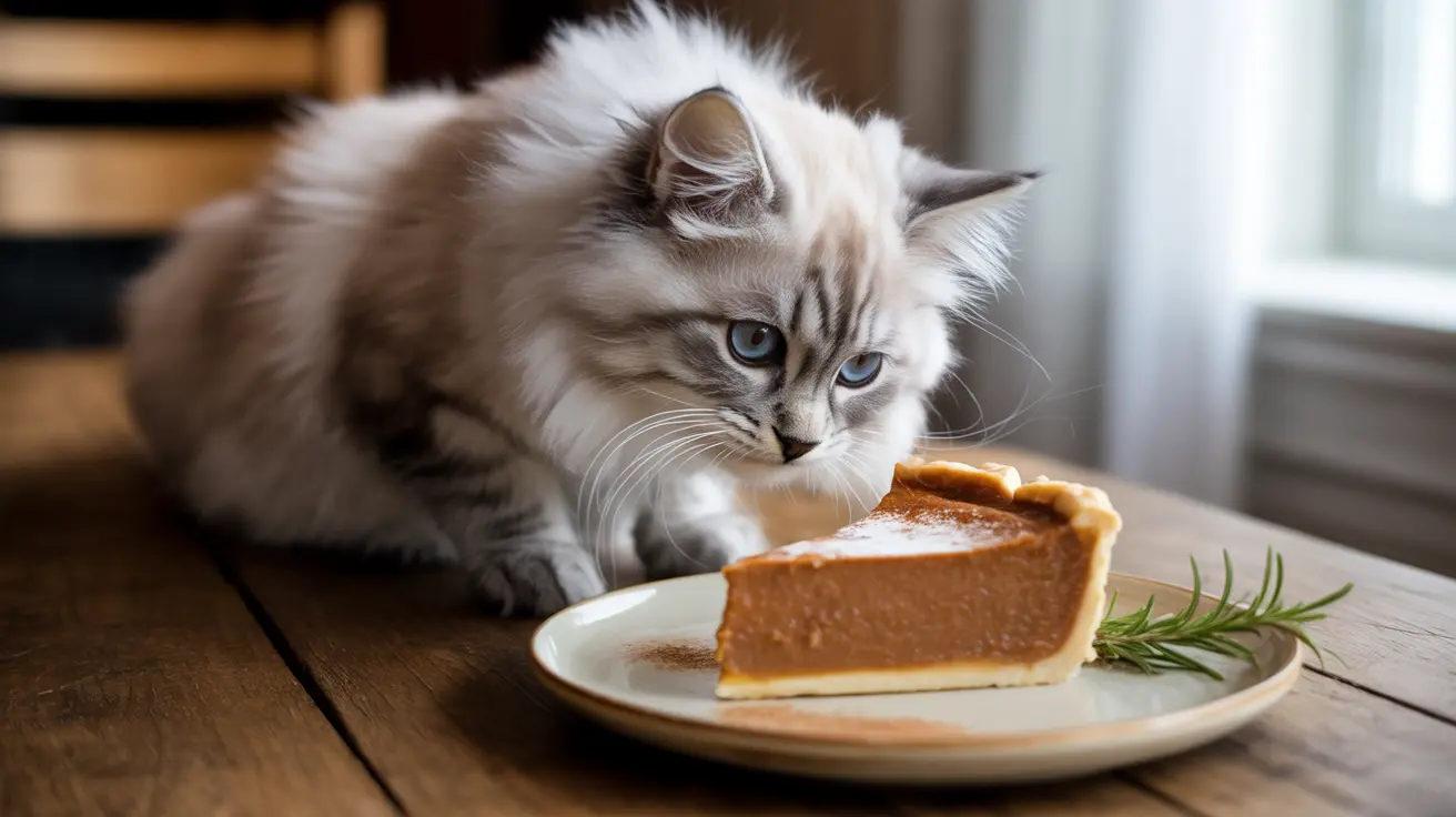 A fluffy white and gray Ragdoll cat examining a slice of pumpkin pie on a plate