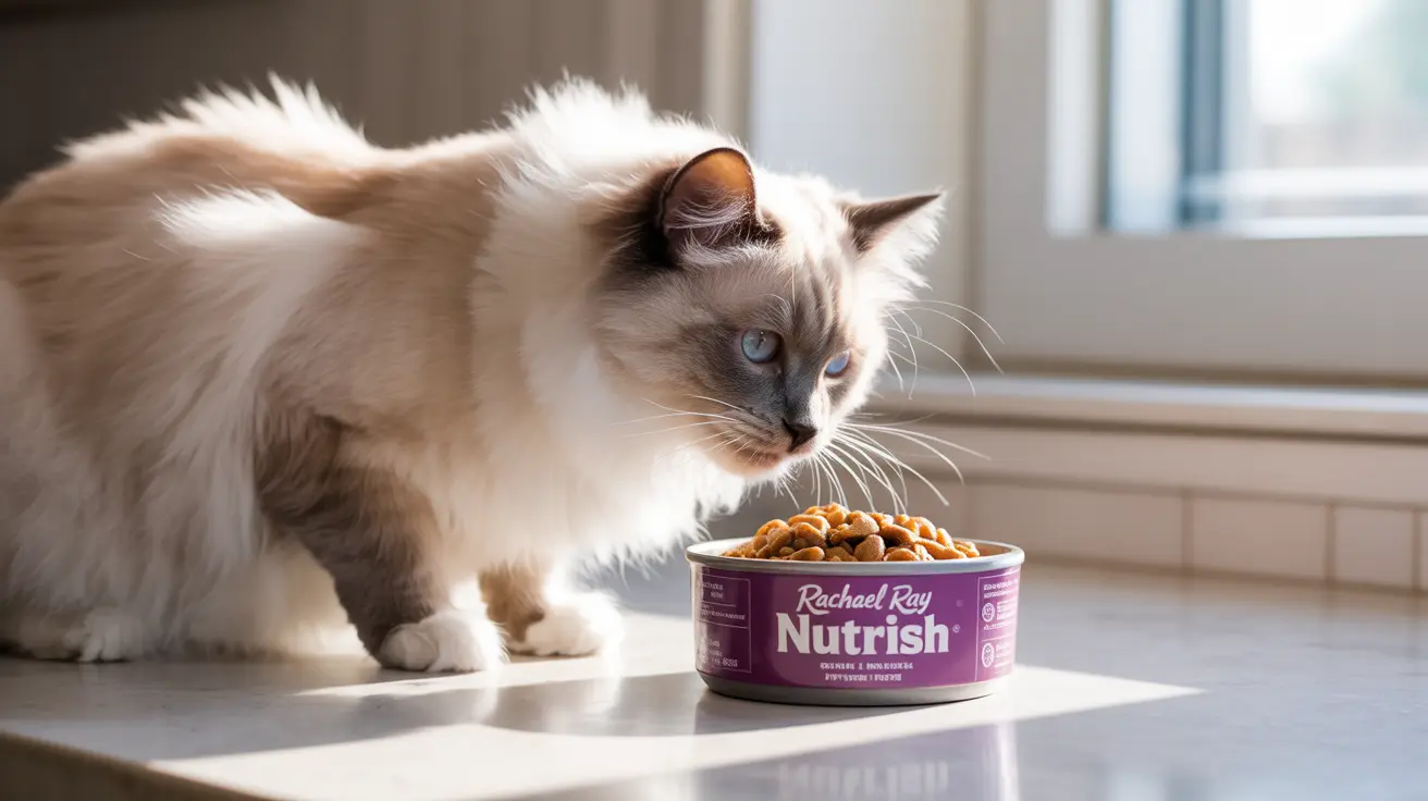 A fluffy white and gray Ragdoll cat sitting next to a can of Rachael Ray Nutrish cat food