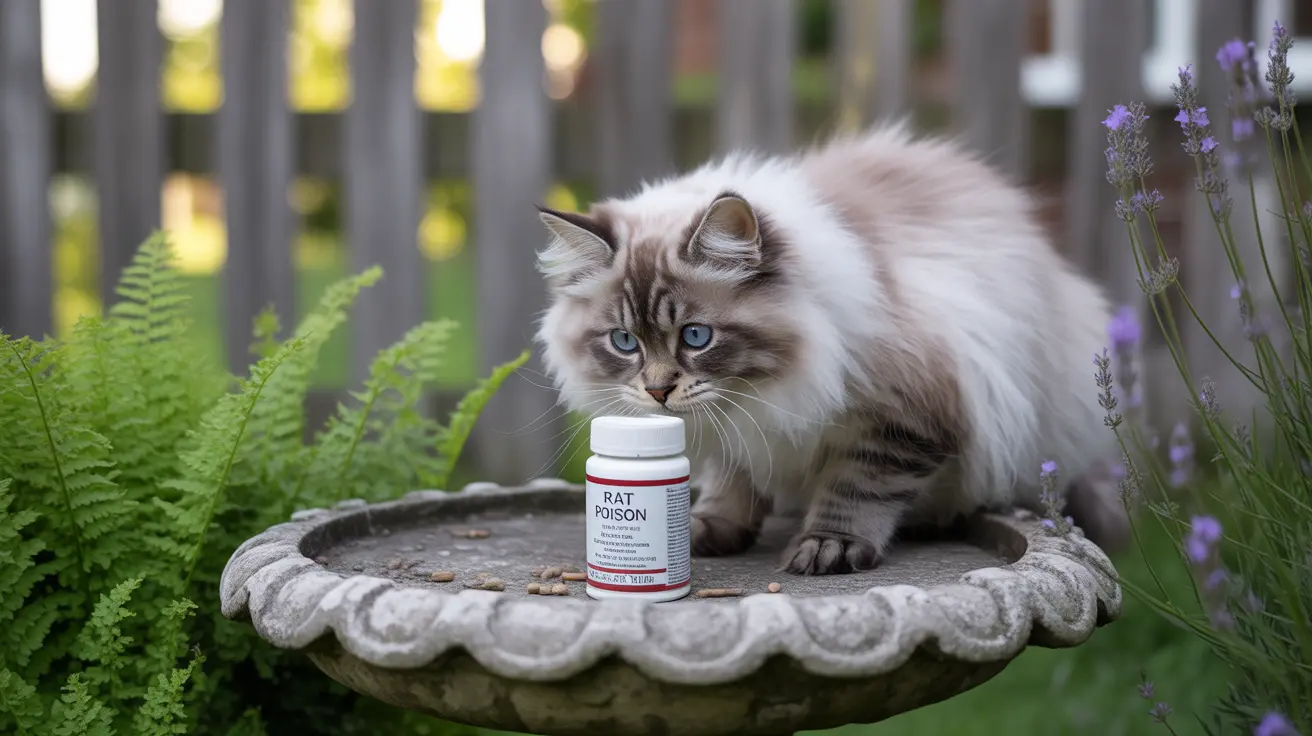 A fluffy Ragdoll cat sitting next to a rat poison container on a stone birdbath surrounded by ferns and lavender plants