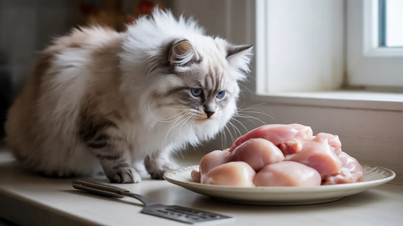 A fluffy Ragdoll cat sitting next to a plate of raw chicken meat, intently staring at the food