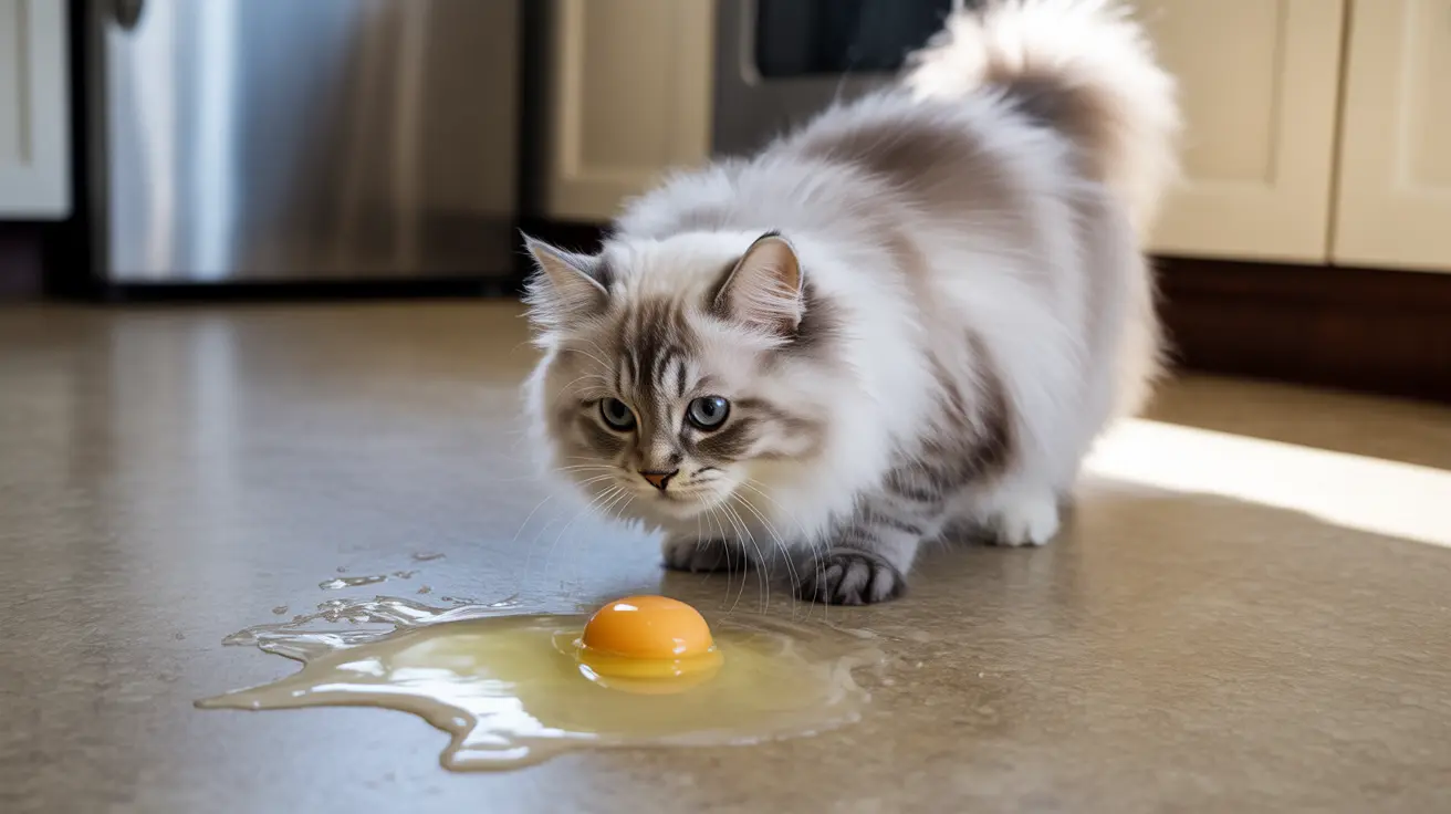 A fluffy white and gray Ragdoll cat sitting next to a cracked egg on a kitchen floor