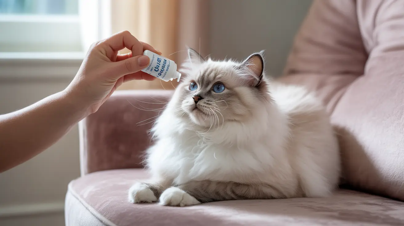 A fluffy white Ragdoll cat receiving eye drops from a hand holding a small bottle