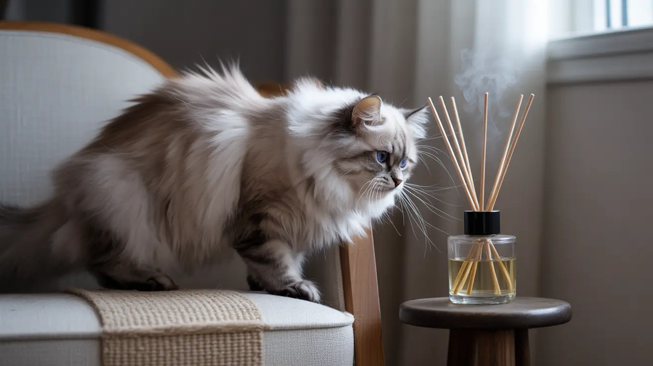 A fluffy Ragdoll cat sitting on a white textured couch near a reed diffuser