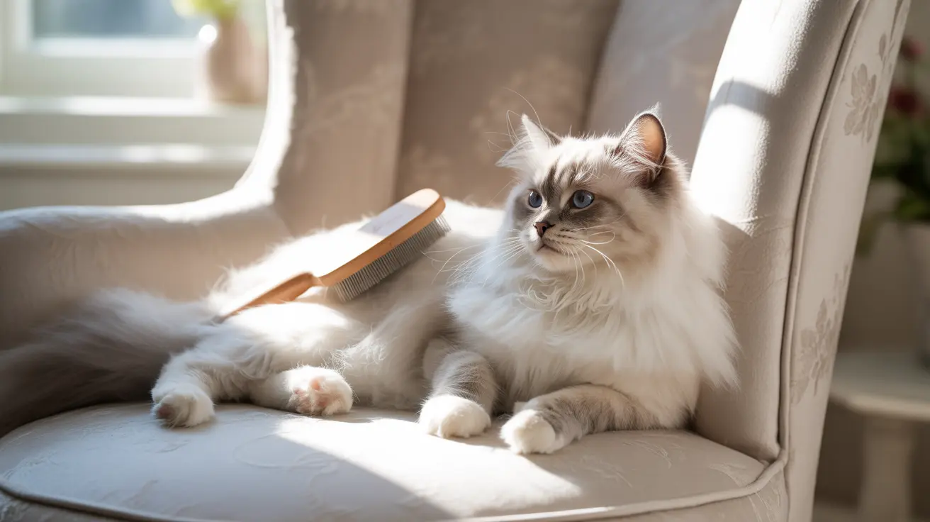Fluffy Ragdoll cat with blue eyes relaxing on a beige chair with a grooming brush nearby in a sunlit room