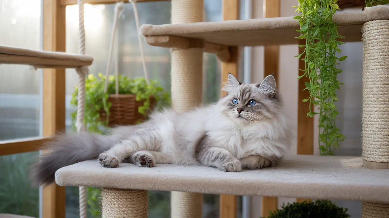 Un gato Ragdoll esponjoso, blanco y gris, descansa en una plataforma de árbol para gatos beige cerca de una ventana.