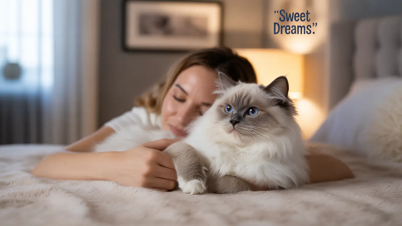 A serene Ragdoll cat resting on a bed with a sleeping person in the background